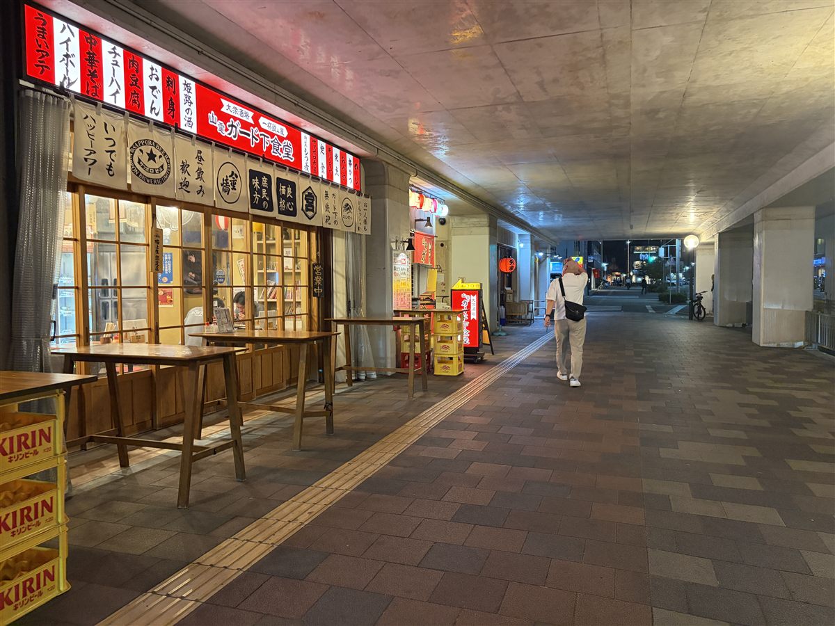夜の高架下の通り。居酒屋の提灯と暖簾に灯りがともる。