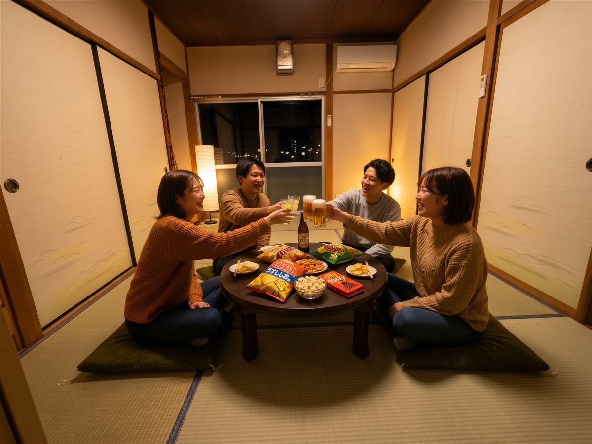 夜の1階和室。ちゃぶ台を囲んで、4人がお菓子とビールで乾杯している。